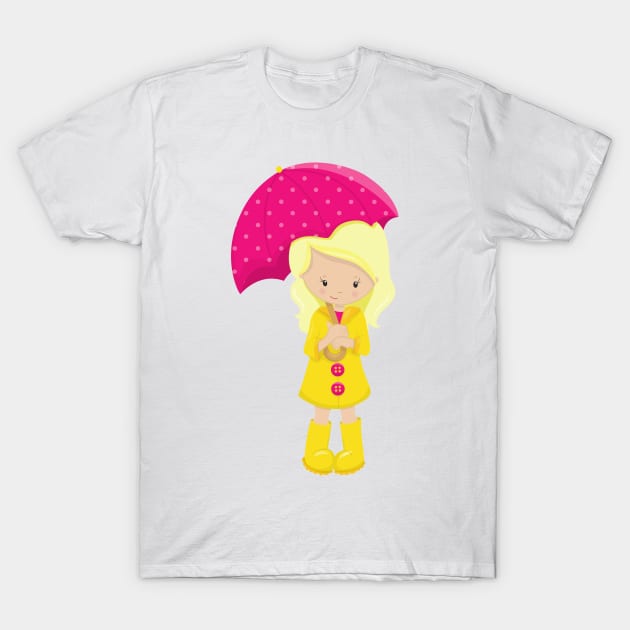 Girl In Raincoat, Girl With Umbrella, Blonde Hair T-Shirt by Jelena Dunčević